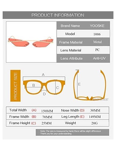 Rectangular Narrow Cat Eye Rimless Sunglasses Women Vintage Designer Men Eyewear Shades Sun Glasses - Gold - CN18Y6HTUUW $28.84