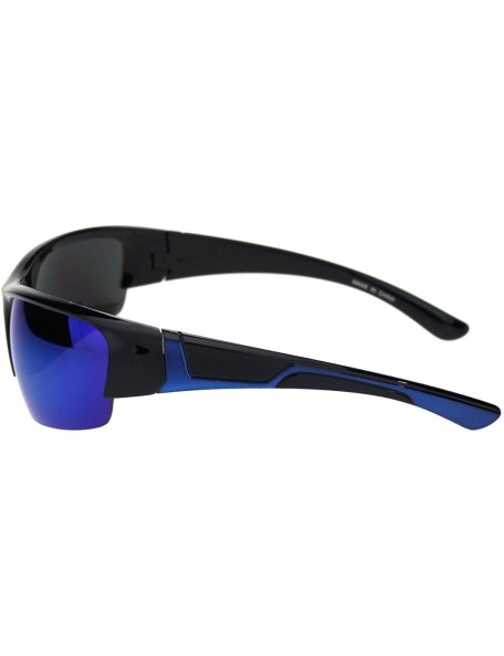 Rectangular Mens Colored Mirror Narrow Half Rim Sport Warp Sunglasses - Shiny Black Blue Blue Mirror - CL18R7LR7MM $10.08