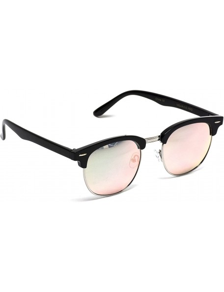 Rectangular Half Frame Retro Semi-Rimless Style Sunglasses Retro Mirror Lens Sunglasses - Black Frame / Mirror Pink - C618367...