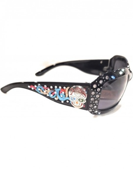 Rectangular Western Cowgirl Bling Sunglasses Rhinestone Ladies Womens Shades + Case Jp - Black Sugar Skull - CL18AIKNZAH $13.81