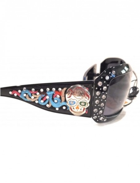 Rectangular Western Cowgirl Bling Sunglasses Rhinestone Ladies Womens Shades + Case Jp - Black Sugar Skull - CL18AIKNZAH $13.81