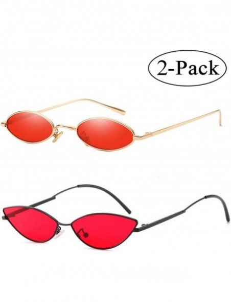 Square Vintage Slender Oval Sunglasses Small Metal Frame Candy Colors - Red-2pack - CZ18I66WI0I $15.25